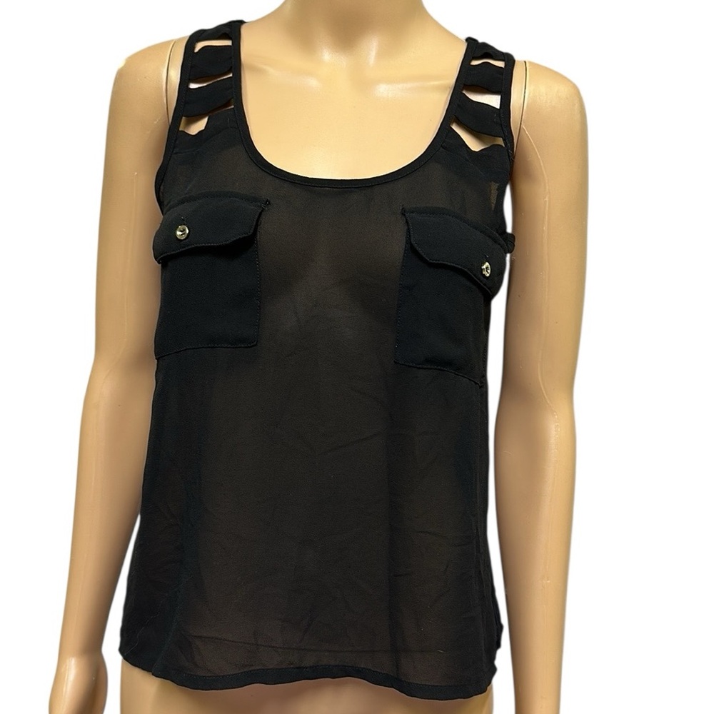 Black 2 Pocket Lightweight Semi Sheer Cut Out Sleeveless Tank Blouse Womens S